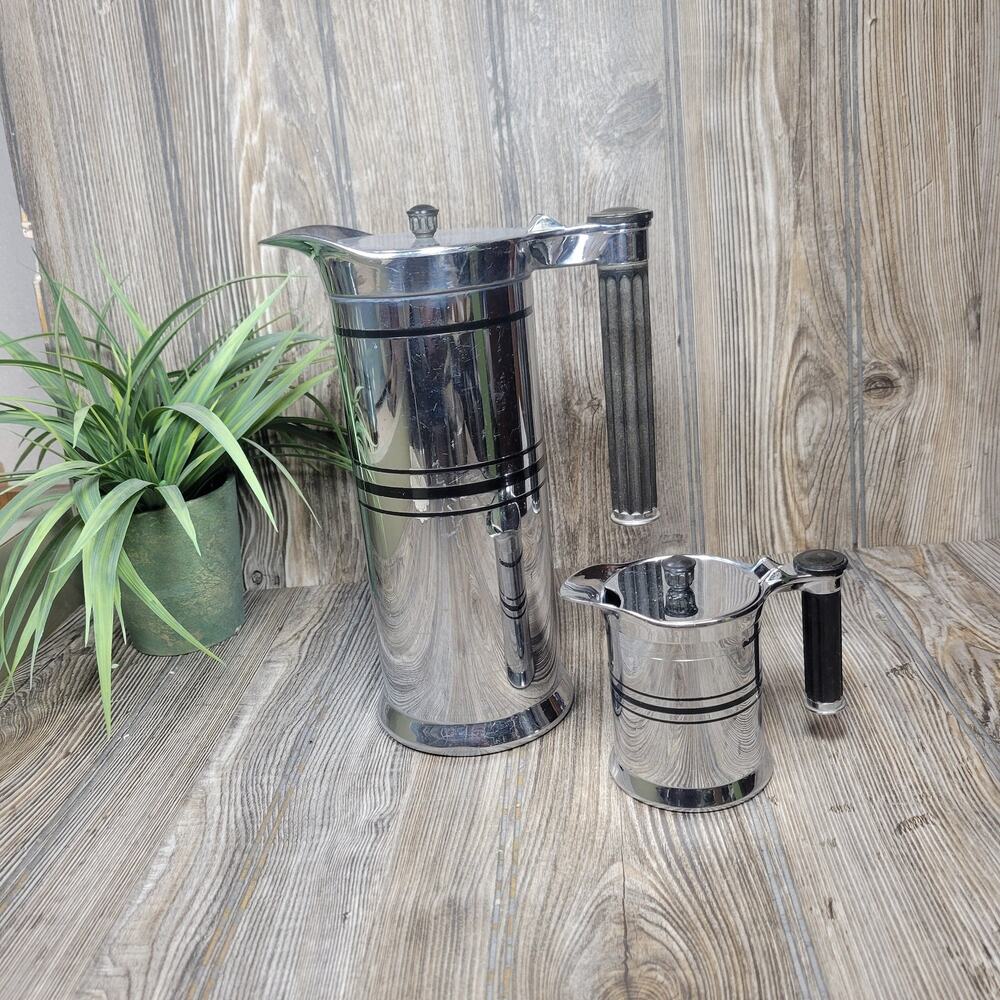 Vintage Sunbeam Art Deco Chrome Coffee Carafe Server Pitcher & Small Creamer Set